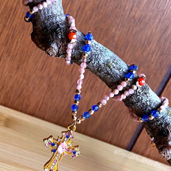 Rhodochrosite with Austrian Crystals Christian Cross Necklace - Picture 11 of 11